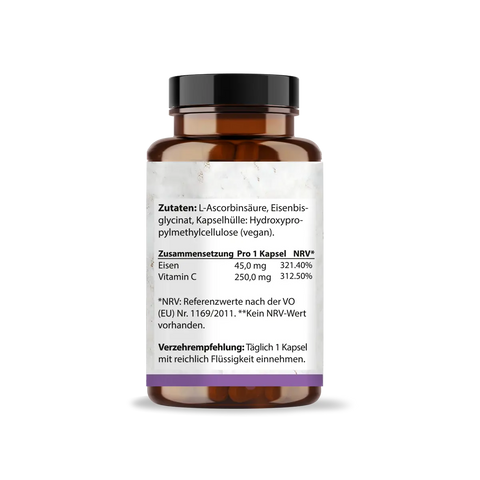 Eisen 45mg + Vitamin C hochdosiert Kapseln: Eisenbisglycinat HM Heilarzneihaus Medica