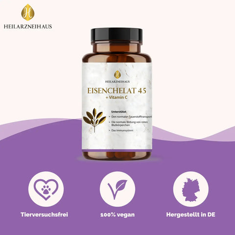 Eisen 45mg + Vitamin C hochdosiert Kapseln: Eisenbisglycinat HM Heilarzneihaus Medica