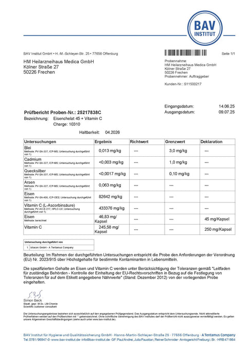 Eisen 45mg + Vitamin C hochdosiert Kapseln: Eisenbisglycinat HM Heilarzneihaus Medica