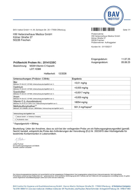 MSM Kapseln OptiMSM® + Vitamin C Kapseln HM Heilarzneihaus Medica