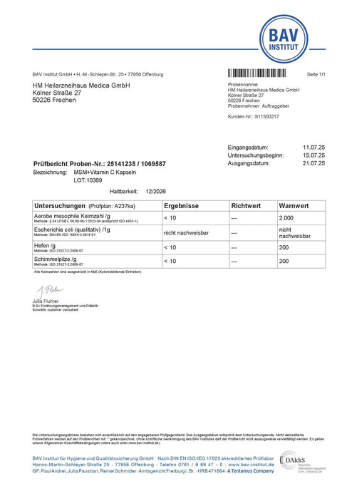 MSM Kapseln OptiMSM® + Vitamin C Kapseln HM Heilarzneihaus Medica