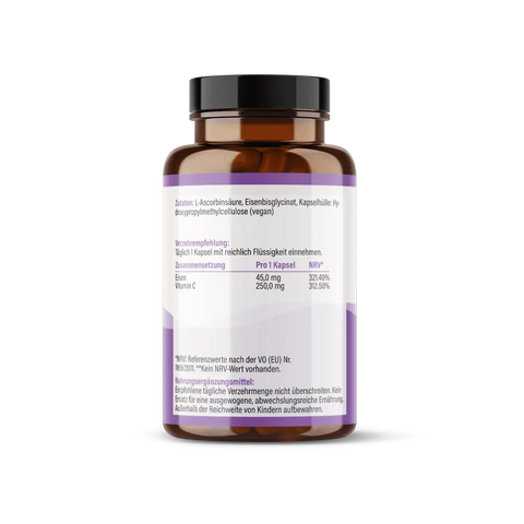 Eisen 45mg + Vitamin C hochdosiert Kapseln: Eisenbisglycinat HM Heilarzneihaus Medica