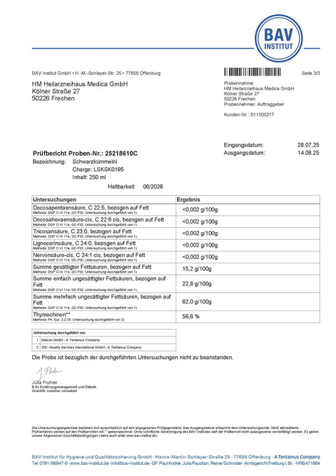 Schwarzkümmelöl kaltgepresst & rohkostqualität 5200mg Thymochinon HM Heilarzneihaus Medica